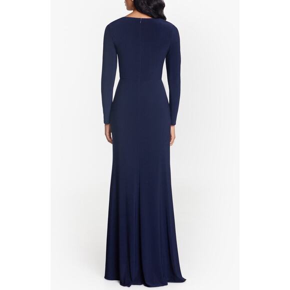 NWT Betsy Adam Cascade Ruffle Maxi Jersey Gown Women's Navy Blue Size 10 - Picture 3 of 8